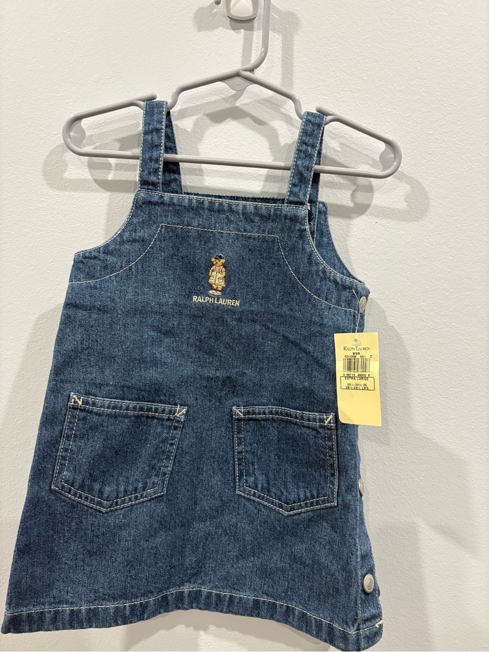 Vintage Ralph Lauren Polo Bear NWT Deadstock Denim Jumper Dress 18-24M